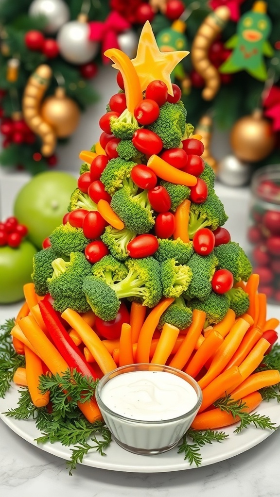 Christmas Tree Vegetable Tray Recipe A colorful vegetable tray shaped like a Christmas tree with broccoli, cherry tomatoes, carrots, and a bowl of dip.